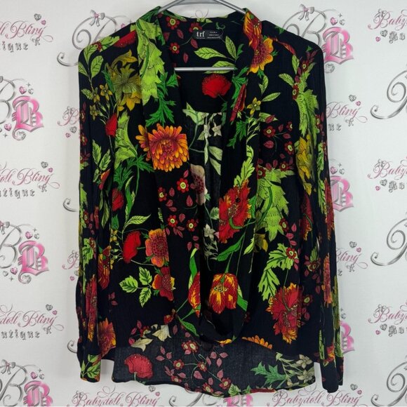 Zara TRF blouse flowers bright vibrant bold flowy soft Black Floral Blouse - Picture 1 of 8
